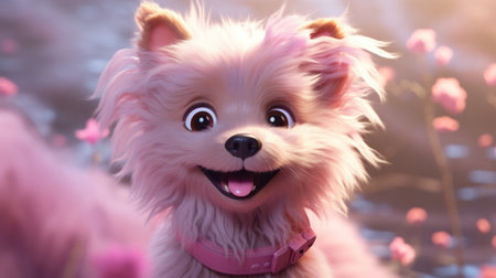 the little fuzzy pink dog is smiling up at youの素材