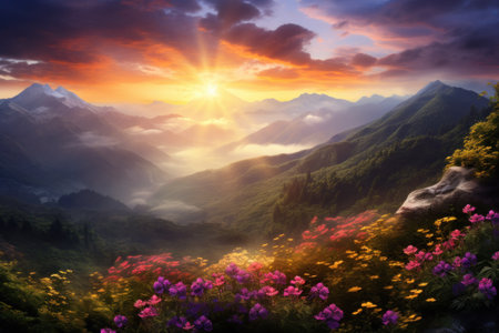 sunrise over a mountain with flowers,の素材