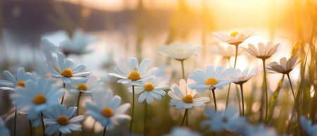 white daisies in summer field, with moonlight,の素材
