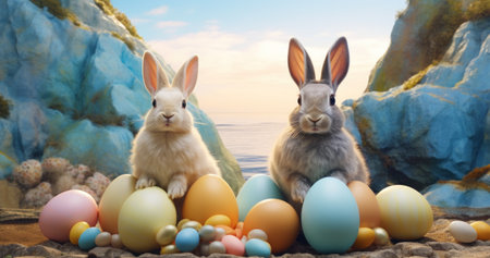 two rabbits sit in a pile of colored easter eggs,の素材
