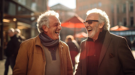 two elderly men laughing in an old city centre,の素材