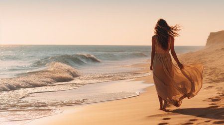 woman walking along beach towards sea,の素材
