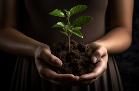 woman holding a green plant in hand,の素材