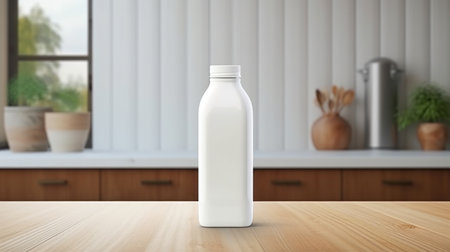 white milk bottle with blank front, realistic on a mockup template in a wooden tableの素材