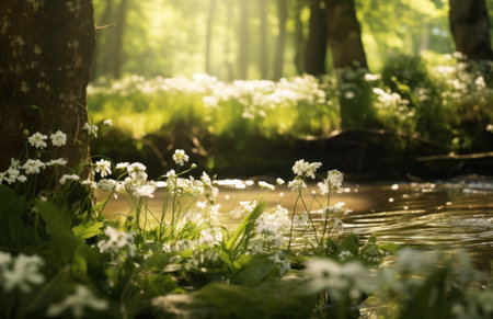 white flowers and green fronds in the forest,の素材