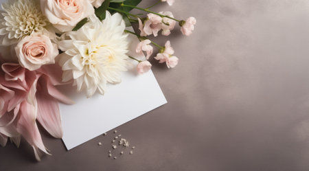 white flower bouquet and blank card on a concrete background,の素材