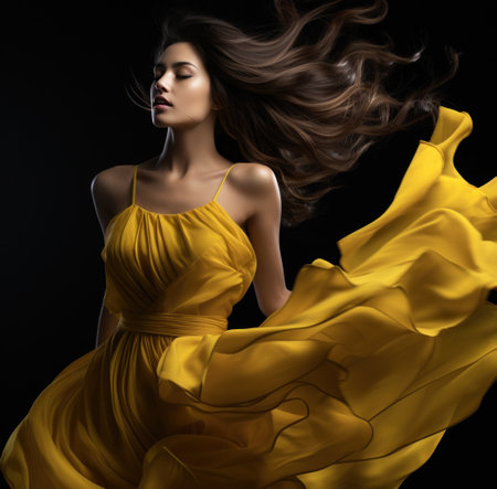 young woman in yellow dress flying her hair on black background,の素材