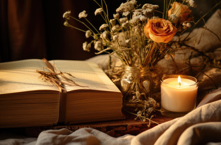 a book, candle, flowers and a candle sitting on the table.の素材