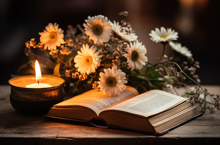 a book, candle, flowers and a candle sitting on the table.の素材