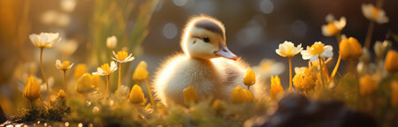a duckling sitting under a piece of grass in the sunlight.の素材