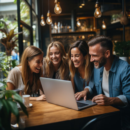 A group of coworkers gathered around a computer screen.の素材