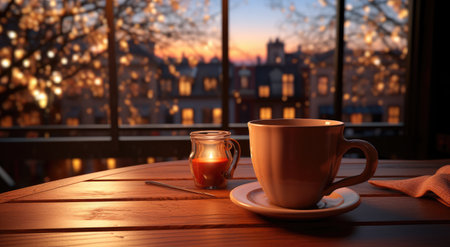 a cup of hot mulled wine sitting on the window sill.の素材