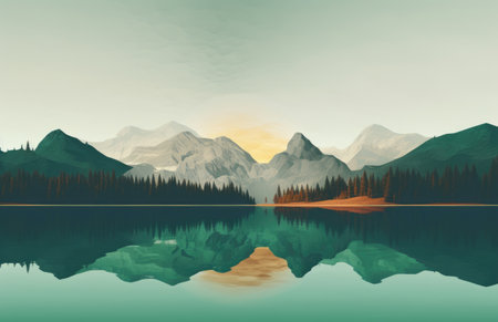 a green lake with mountains on the background.の素材