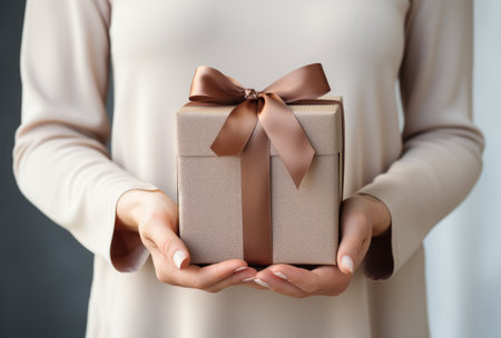 a person's hands with a present over white background.の素材
