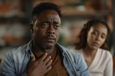 An African American man with a pained expression, clutching his throat, with a woman's blurred figure in the background.の素材