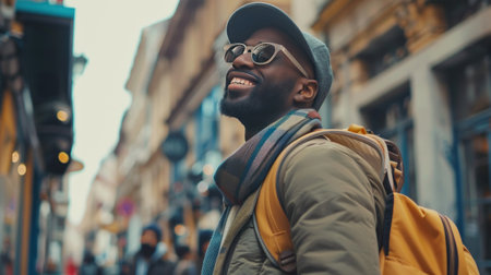 Fashionable young man with backpack enjoying urban exploration.の素材