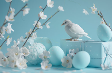 Easter composition with white bird, blue eggs and flowers on blue backgroundの素材