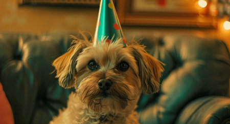 dog wearing a party hat.の素材