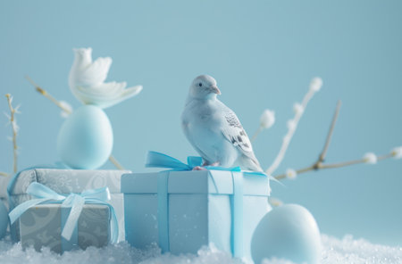 Pigeons and gift boxes on a blue background with willow branchesの素材
