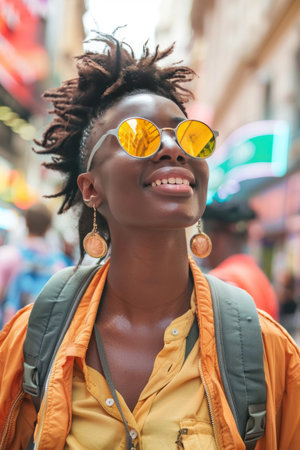 Chic African American woman with sunglasses smiling in the city.の素材