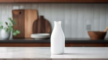 white milk bottle with blank front, realistic on a mockup template in a wooden tableの素材