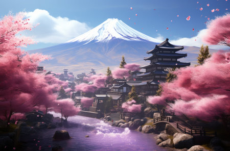 with Mount in the background of pink blossoms,の素材
