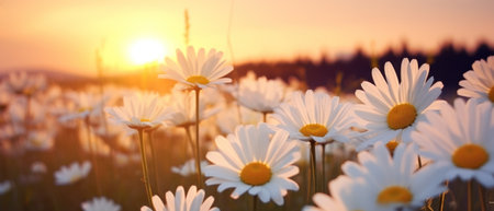 white daisies in summer field, with moonlight,の素材