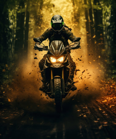 this image shows a man riding his motorbike through a forest,の素材