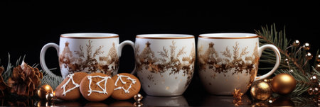 two brown mugs, cup and cookies in the background,の素材