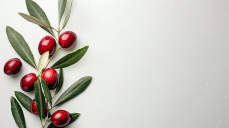 Minimalistic white background with a branch of olives on the left and free space on the right.の素材