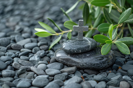 some stones and olive leaves with a cross.の素材