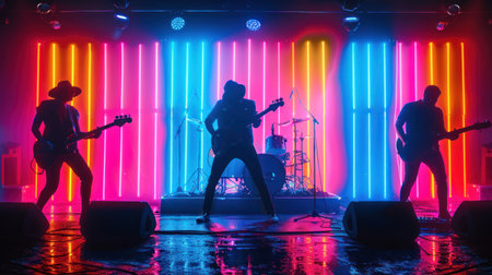 A band performs on stage, neon lights glowing, smoke adding to the intense atmosphere.の素材