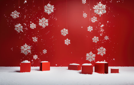 christmas holiday decoration snowflakes falling on red background,の素材