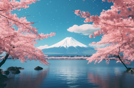 japanese cherry blossoms over lake fuji and clouds,の素材