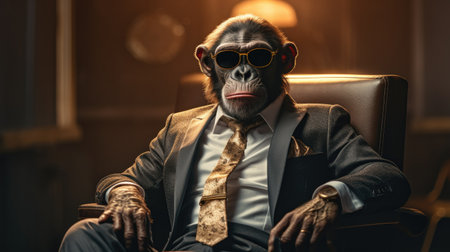 chimpanzee in sunglasses dressed in a suit seated in a chair,の素材