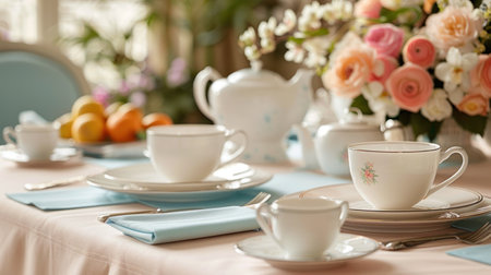 A serene table setting for Easter brunch with fine China and fresh flowers.の素材