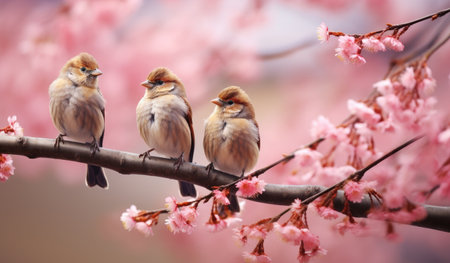 birds on the branch against cherry blossom blossoms,の素材
