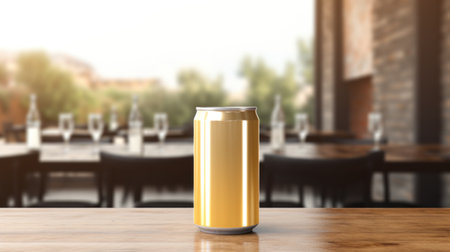 gold beer can with blank front, realistic on a mockup template in a table in an irish pub,の素材