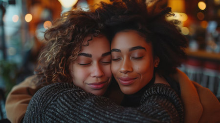 Two women embracing, eyes closed, sharing a tender momentの素材
