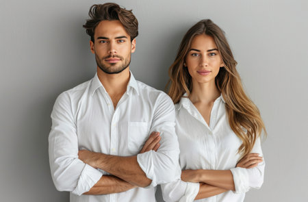 Professional man and woman in business attire, standing confidently.の素材