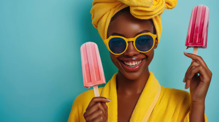 Smiling woman in yellow, holding ice pops, exuding summer joy.の素材