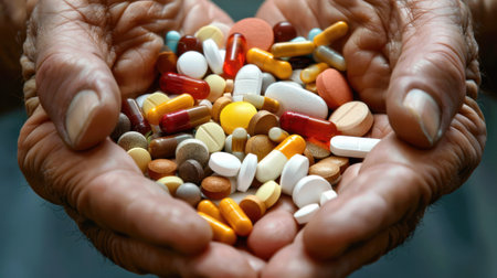 A close-up view of a pile of pills, tablets, vitamins, and medications held in mature hands.の素材