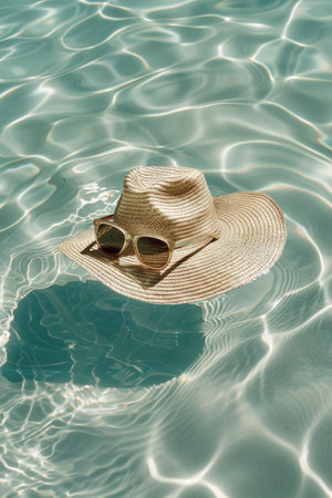 a hat and sunglasses sitting near the pool.の素材