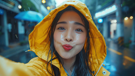 A joyful Asian girl in a yellow raincoat enjoys fresh orange juice on a rainy day.の素材