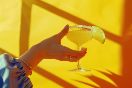 a person is presenting a margarita with a hand on a yellow background.の素材