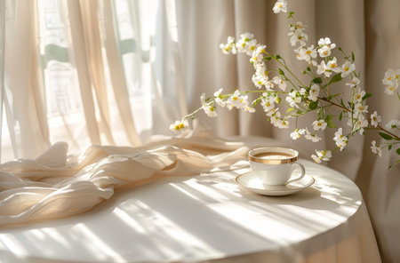 a table with a cup rimed in gold and another table with coffee and flowers.の素材