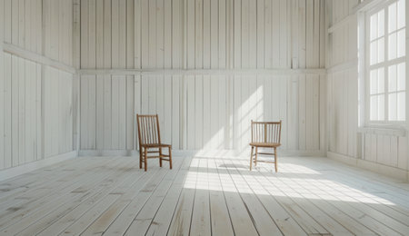 a room in a white, wooden environment with two wooden chairs.の素材