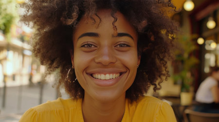 Cheerful mixed-race woman with curly hair smiling in a sunlit cafe.の素材