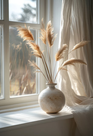 a vase with dried ryegrass next to a window.の素材