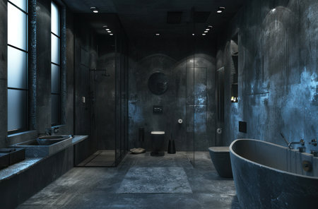 a sleek bathroom with gray walls and large windows.の素材